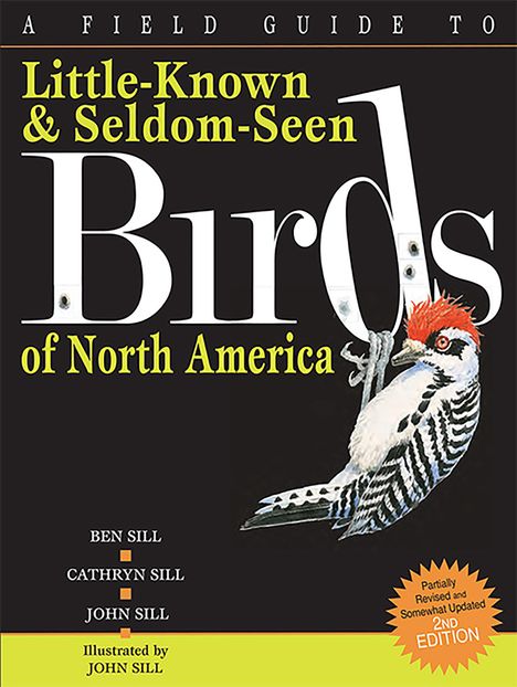 Text: "Little-Known & Seldom-Seen Birds of North America." Illustration: Ein Specht, rot-schwarz-weiß, auf einem Ast.