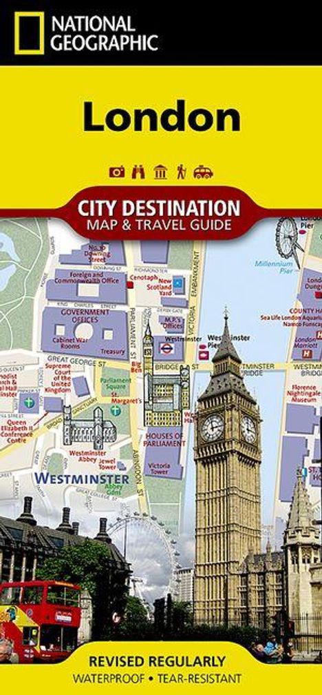 "London: City Destination Map & Travel Guide. Bild von Big Ben, rote Doppeldeckerbusse, Karte und Sehenswürdigkeiten."