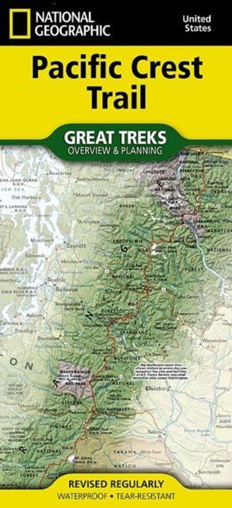National Geographic Pacific Crest Trail Karte, grüne Landschaft mit Wegen und Städten. Enthält Textinformationen und Planungshilfen.