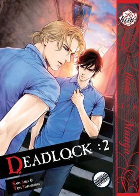 "Deadlock: 2" von Saki Aida & Yuh Takashina. Zwei Männer in einer Gasse, ernster Blick. Manga-Illustration mit roten Akzenten.