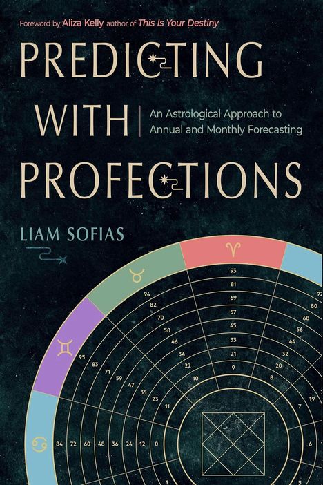 Titel: Predicting with Profections. 
Autor: Liam Sofias. 
Astrologische Diagramme mit Tierkreiszeichen.