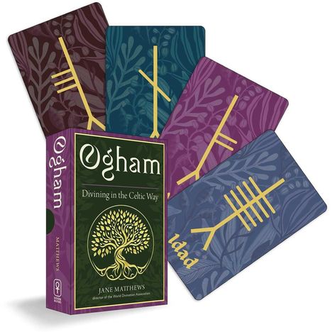 Text: "Ogham: Divining in the Celtic Way, Jane Matthews." Illustration: Fünf bunte Karten mit keltischen Symbolen und Pflanzenmotiven.