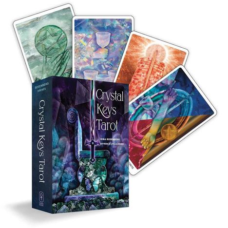 "Crystal Keys Tarot" steht auf einer Schachtel. Vier farbige Tarotkarten sind dargestellt.