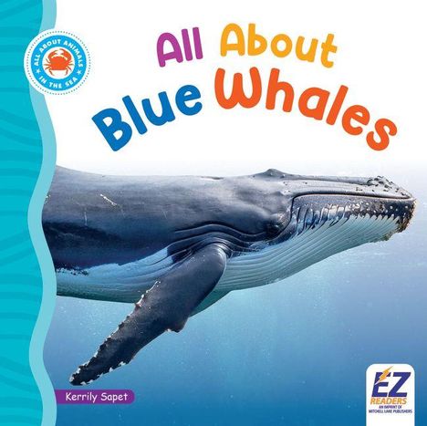 Text: "All About Blue Whales", "Kerrily Sapet". Illustration eines Blauwals im Wasser mit einem Seitenstreifen in Wellenform.