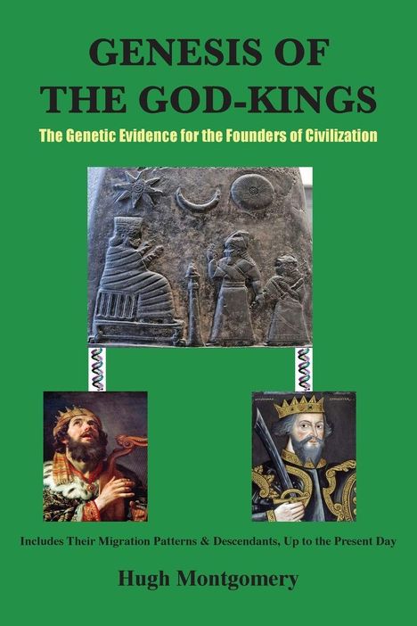 „GENESIS OF THE GOD-KINGS“ in Schwarz, „Includes Their Migration Patterns & Descendants“ in Grün; antike Reliefs, Gemälde von Königen.