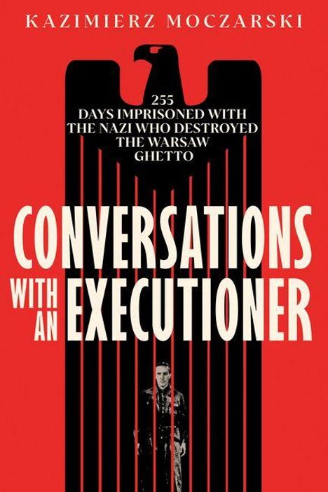 Titel: "Conversations with an Executioner" in Rot auf schwarzem Adler-Design mit kleinem Mann darunter.