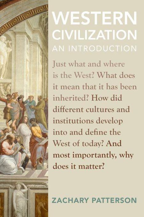 Cover mit Text: "Western Civilization: An Introduction. Zachary Patterson." Links ein historisches Gemälde von gelehrten Personen.