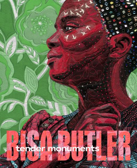 Text: "BISA BUTLER tender monuments". Eine bunte, gemusterte Textilillustration eines seitlichen Porträts vor grünem Hintergrund.
