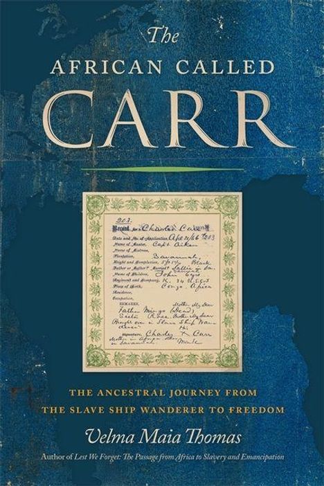 "The African Called Carr" in großen Buchstaben. Geheimes Dokument in der Mitte. Geschrieben von Velma Maia Thomas.