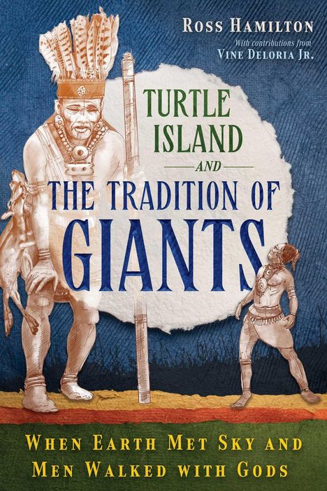 „Turtle Island and the Tradition of Giants.“ Illustration großer, traditionell gekleideter Personen mit Federschmuck.