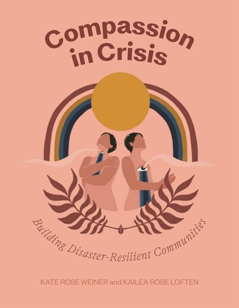 "Compassion in Crisis" und "Building Disaster-Resilient Communities" über zwei Figuren vor Rainbow und Sonne.