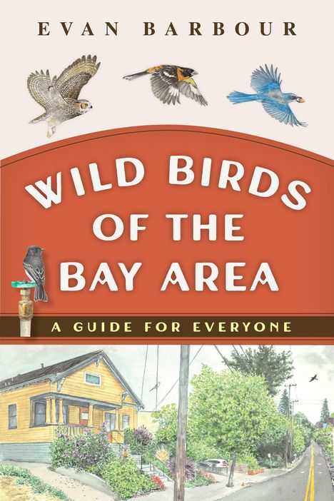 "WILD BIRDS OF THE BAY AREA" steht groß, darunter "A GUIDE FOR EVERYONE". Oben sind fliegende Vögel, darunter ein Haus.