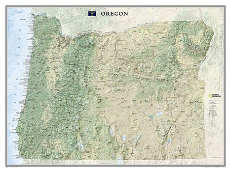 Karte von Oregon, prominent hervorgehobene Berge und Flüsse, grüne und braune Farbschattierungen zeigen topografische Details.
