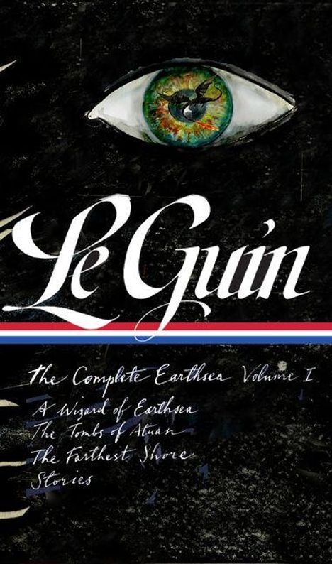 Le Guin's "The Complete Earthsea Volume I" steht in Weiß auf Schwarz. Oben ein grünes Auge, darunter rote, weiße, blaue Streifen.