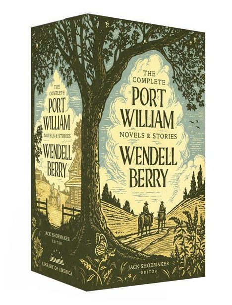 "The Complete Port William Novels & Stories" von Wendell Berry. Illustration: Baum, Personen spazieren auf einem Landweg.