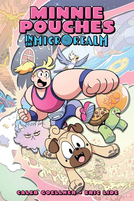 "Minnie Pouches in the Microrealm" in großen Buchstaben. Illustration zeigt eine dynamische Szene mit einer Frau und Tieren.