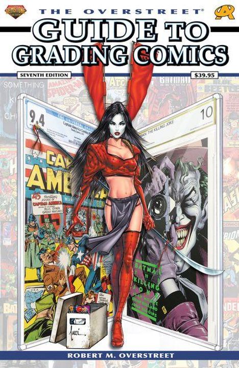 "Guide to Grading Comics" von Robert M. Overstreet. Illustration: Frau in rotem Outfit vor Comic-Hintergrund.