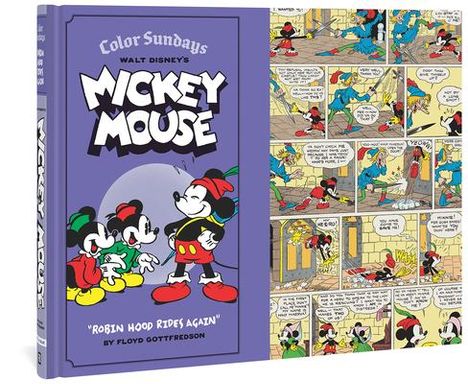 Auf einem lila Cover steht: "Color Sundays, Walt Disney's Mickey Mouse, 'Robin Hood Rides Again' by Floyd Gottfredson." Comic-Seiten mit Mickey.