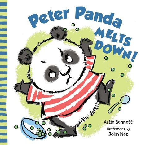 Der Titel lautet "Peter Panda Melts Down!" Ein Panda in einem gestreiften Hemd sieht wütend aus, umgeben von Erbsen.