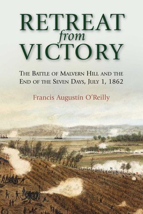 „RETREAT from VICTORY“. Gemälde einer Schlacht mit Rauch und Soldaten auf einem hügeligen Feld.