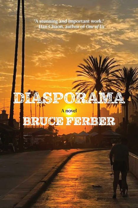 Text: "A stunning and important work." - Dan Chaon, "DIASPORAMA," "A novel," "BRUCE FERBER." Sonnenuntergang mit Palmen.