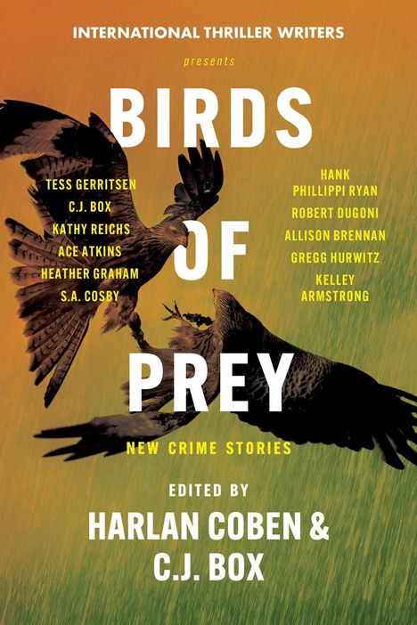 Titel: "BIRDS OF PREY", Autorenliste links und rechts, unten: "NEW CRIME STORIES", Hintergrund: zwei fliegende Adler.
