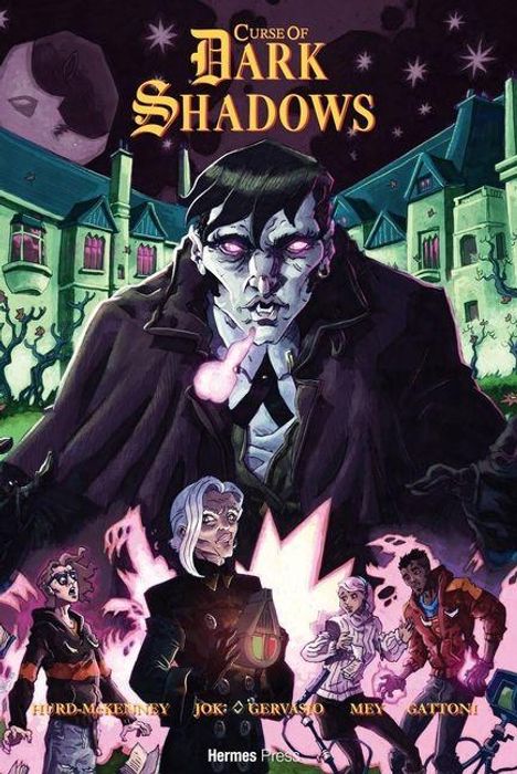 "Curse of Dark Shadows" steht oben. Eine düstere, gotische Szene mit einem großen Hauptcharakter und vier Personen vor einem Schloss.