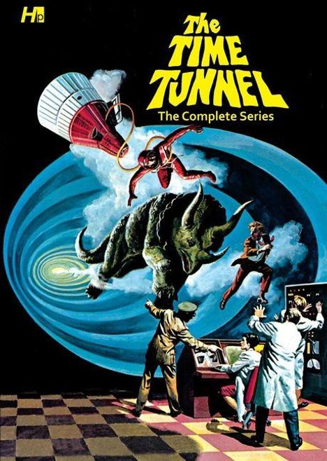 "The Time Tunnel: The Complete Series" in gelber Schrift. Illustration mit Dinosaurier, Menschen und wissenschaftlicher Ausrüstung.