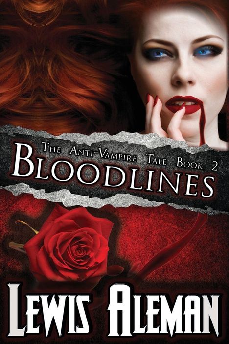 „Bloodlines: The Anti-Vampire Tale, Book 2“, Lewis Aleman. Frau mit roten Haaren, blauem Blick und Blut an den Lippen.
