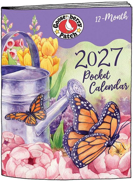 "2027 Pocket Calendar". Illustration mit Gießkanne, Schmetterlingen und Blumen in lebhaften Farben.