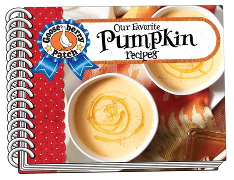 „Our Favorite Pumpkin Recipes“. Links ein blaues Logo mit einer Gans. Rechts Kürbissuppe in Schalen.