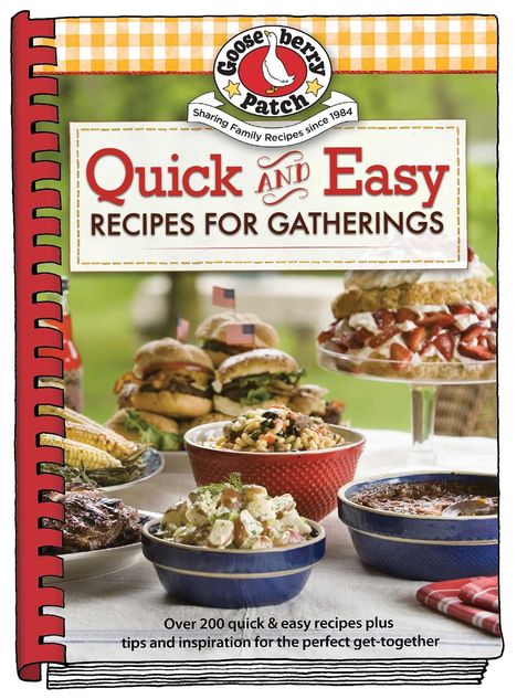 "Quick and Easy Recipes for Gatherings" steht über einem Tisch mit Grillgerichten, Salaten und Desserts. Oben ein Gänse-Logo.