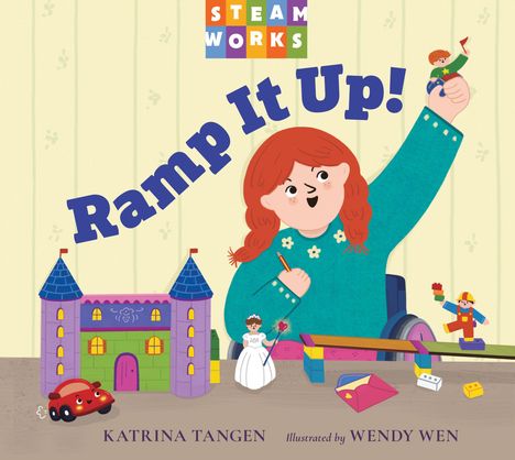„Ramp It Up!“ in großen Buchstaben. Ein Kind mit roten Haaren baut mit Spielzeugsteinen an einem Tisch.