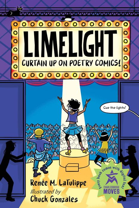 Ein beleuchtetes Schild mit "LIMELIGHT: Curtain Up on Poetry Comics!". Darunter Menschen auf einer Bühne mit Scheinwerfern.