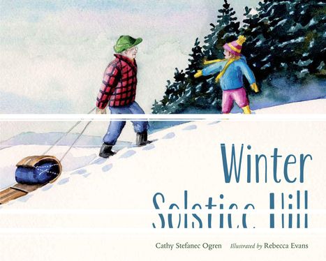 "Winter Solstice Hill" steht in blauer Schrift unten rechts. Illustration: Zwei Personen im Schnee mit einem Schlitten.