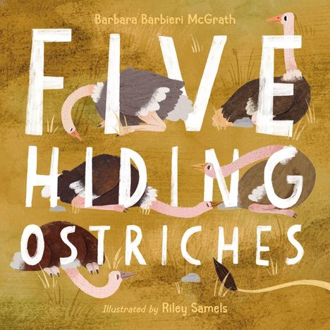 Text: "Five Hiding Ostriches". Illustration: Strauße, die ihre Köpfe verstecken, auf braunem Hintergrund.