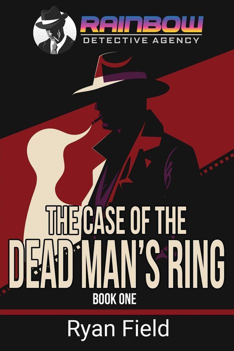 "The Case of the Dead Man's Ring, Book One, Ryan Field." Illustration eines Detektivs im Retro-Stil mit Hut und Pfeife.