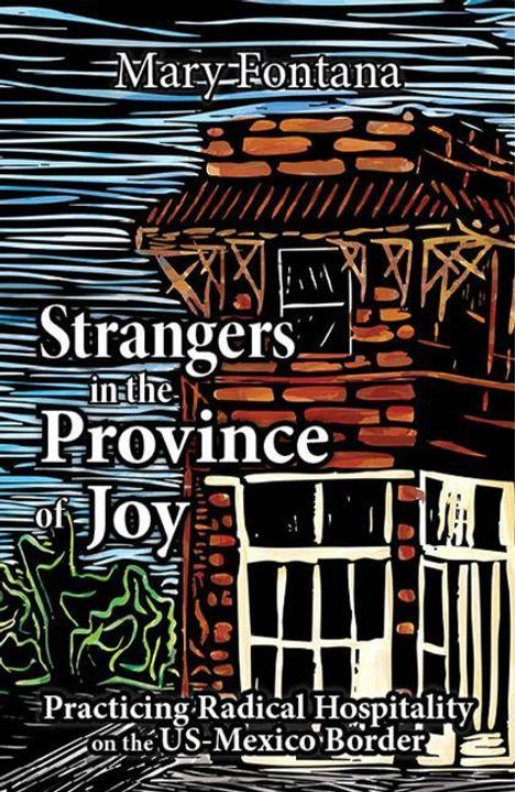 Titel: "Strangers in the Province of Joy". Illustration eines Hauses mit markanten Linien und Strukturen.