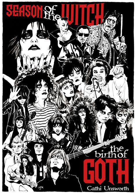 „Season of the Witch“, „The Birth of Goth“, Cathi Unsworth. Schwarz-weiße Illustration mit Gothic-Figuren.