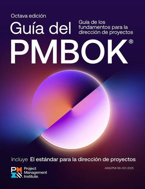 "Octava edición Guía del PMBOK. Guía de los fundamentos para la dirección de proyectos" steht auf einem violetten Hintergrund.