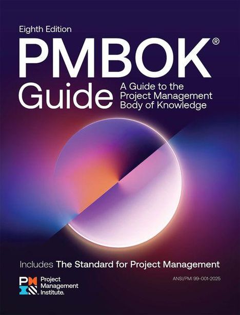 PMBOK Guide, Eighth Edition. A Guide to Project Management Body of Knowledge. Runde, bunte Grafik auf dunklem Hintergrund.