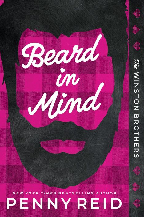 "Beard in Mind", "The Winston Brothers", "Penny Reid". Ein Bart auf pink-kariertem Hintergrund, stilisierte Darstellung.