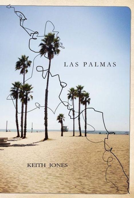 Text: "LAS PALMAS" und "KEITH JONES". Sandstrand mit Palmen, im Hintergrund das Meer und klare Himmel, geschwungene Linien.