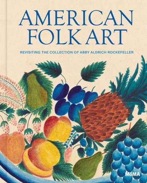 "AMERICAN FOLK ART" in blauen Buchstaben, darunter bunte Früchte und Blätter in einem dekorativen Stil.