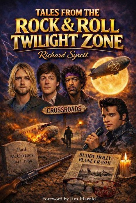 "Tales from the Rock & Roll Twilight Zone", "Crossroads", "Paul McCartney 1942-1966", "Buddy Holly Plane Crash!". Illustration mit vier Musikern, einem Zeppelin, einer Gitarre und Blitzen.