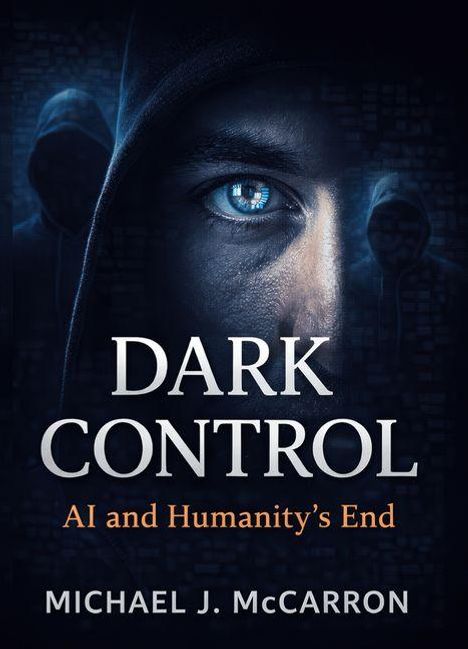 Text: "DARK CONTROL: AI and Humanity’s End - Michael J. McCarron." Ein blaues Auge, umgeben von Schatten, mit Kapuzenfigur.