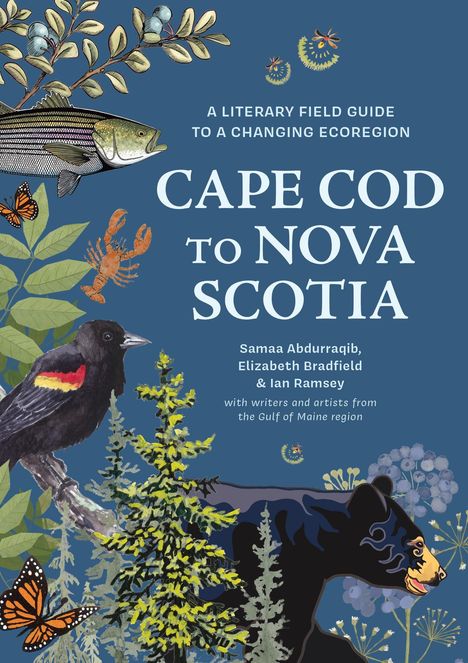 Titel: "Cape Cod to Nova Scotia". Illustration mit Fisch, Blumen, Vogel, Schmetterling, Baum und Bär auf blauem Hintergrund.