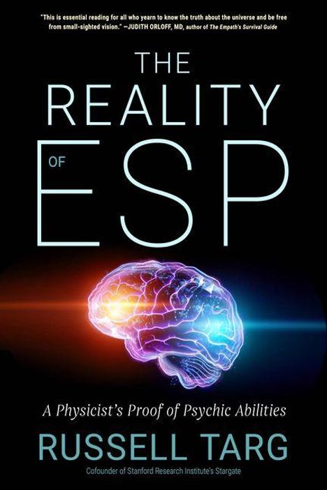 „THE REALITY OF ESP“ – Neonfarbenes Gehirn und Untertitel: „A Physicist's Proof of Psychic Abilities“ von Russell Targ.