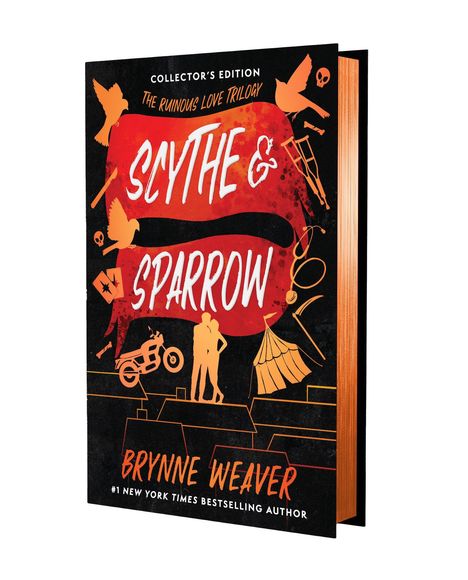 Text: "Collector's Edition", "The Ruinous Love Trilogy", "Scythe & Sparrow", "Brynne Weaver". Stilisiert mit roten und orangefarbenen Symbolen: Vögel, Motorrad, Liebespaar.