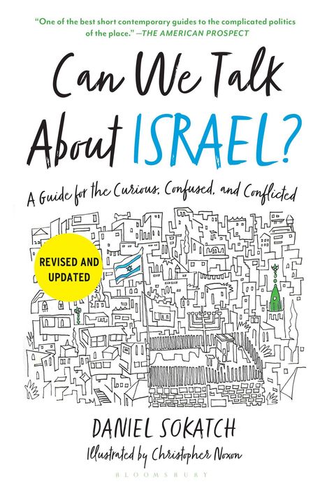 „Can We Talk About Israel?“ ist oben zentriert. Darunter eine Skizze einer Stadt mit einer israelischen Flagge.